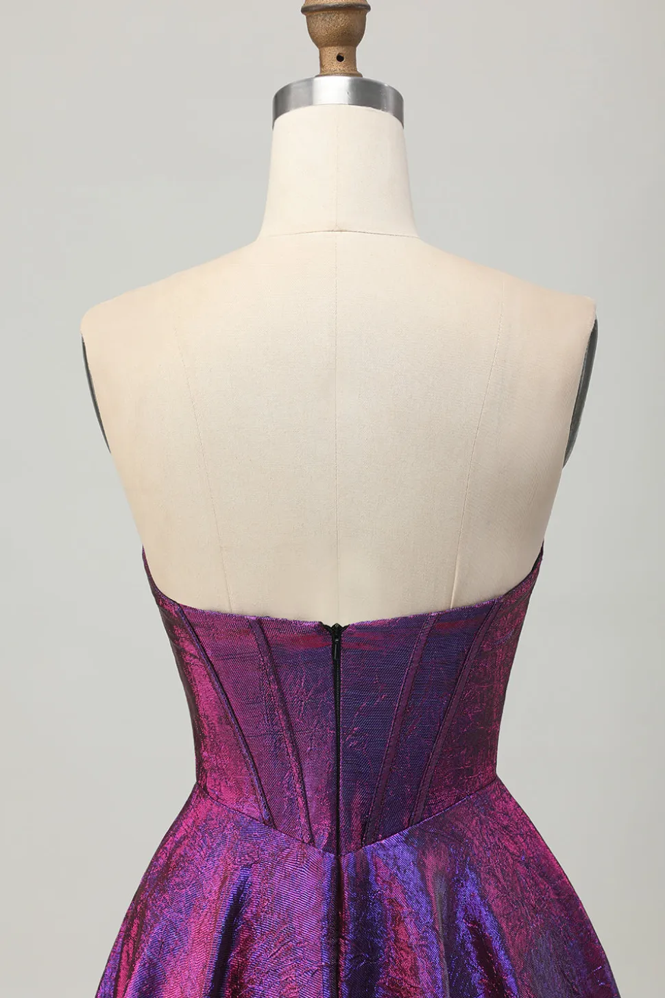 Metalizado roxo escuro espartilho sem alças curto vestido de volta para casa