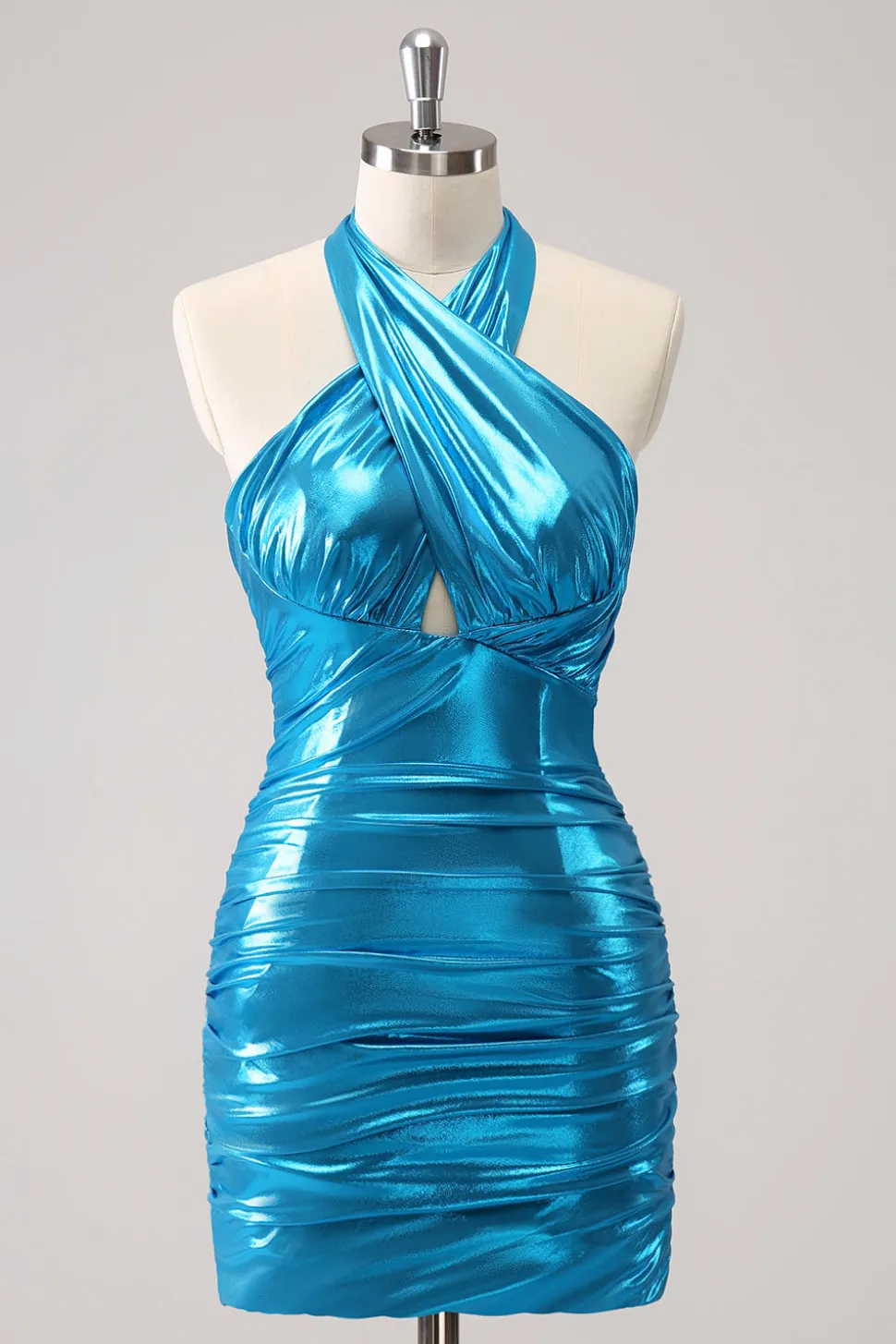 Metalizado Tight Halter Backless Satin Blue Homecoming Vestido