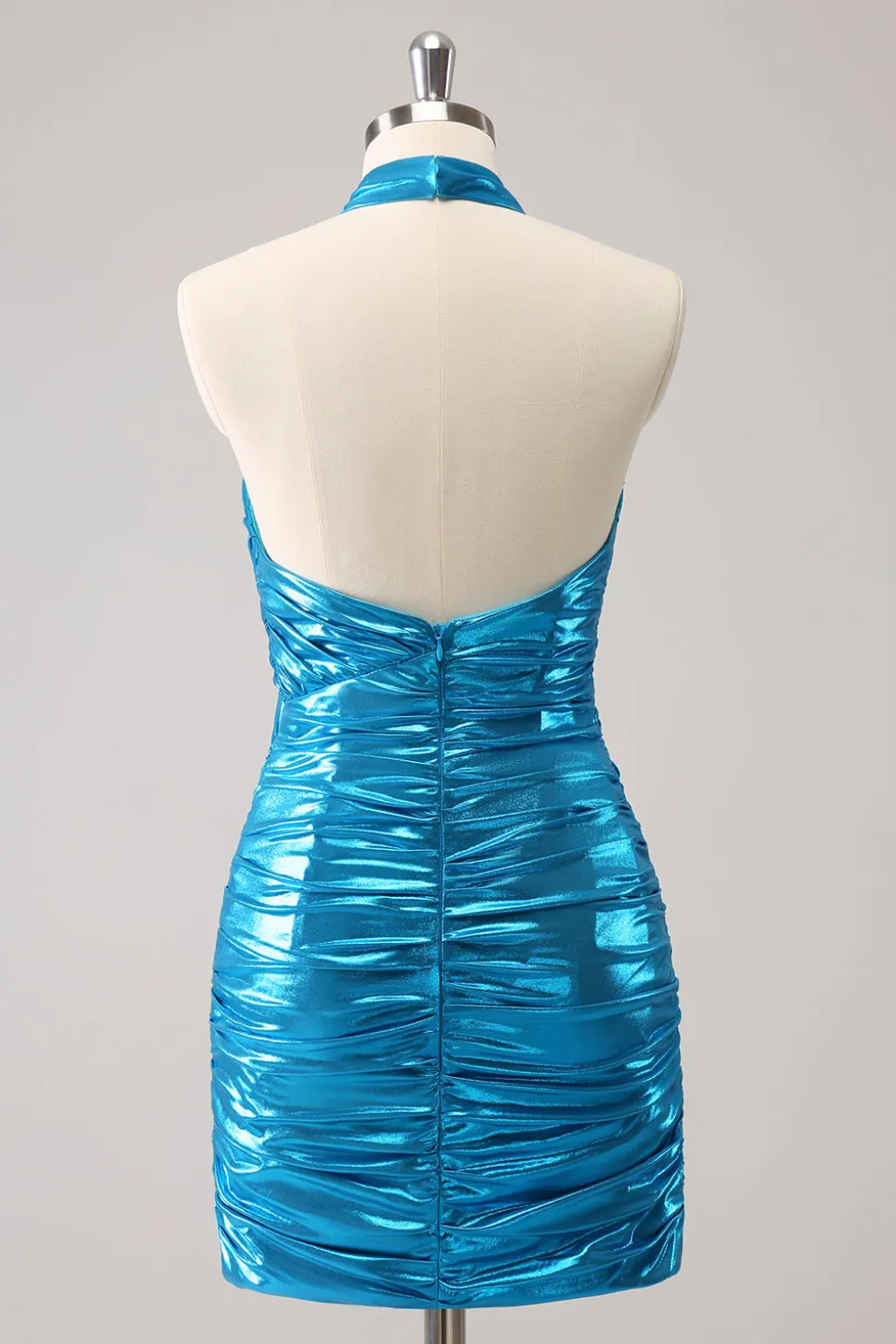 Metalizado Tight Halter Backless Satin Blue Homecoming Vestido