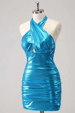 Metalizado Tight Halter Backless Satin Blue Homecoming Vestido