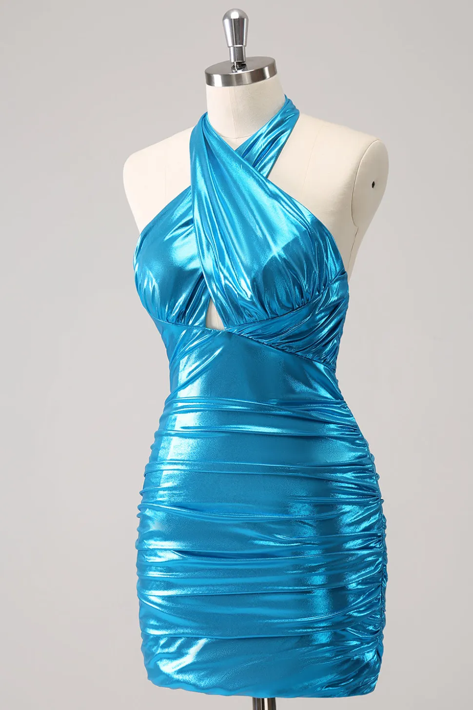 Metalizado Tight Halter Backless Satin Blue Homecoming Vestido