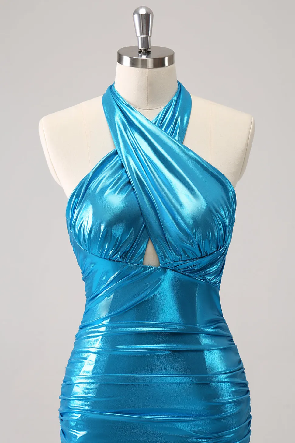 Metalizado Tight Halter Backless Satin Blue Homecoming Vestido