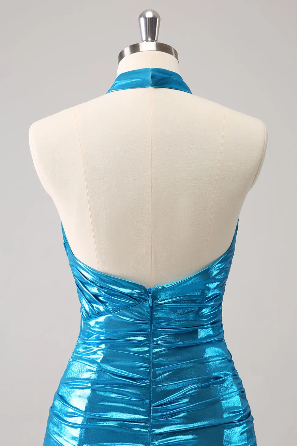 Metalizado Tight Halter Backless Satin Blue Homecoming Vestido