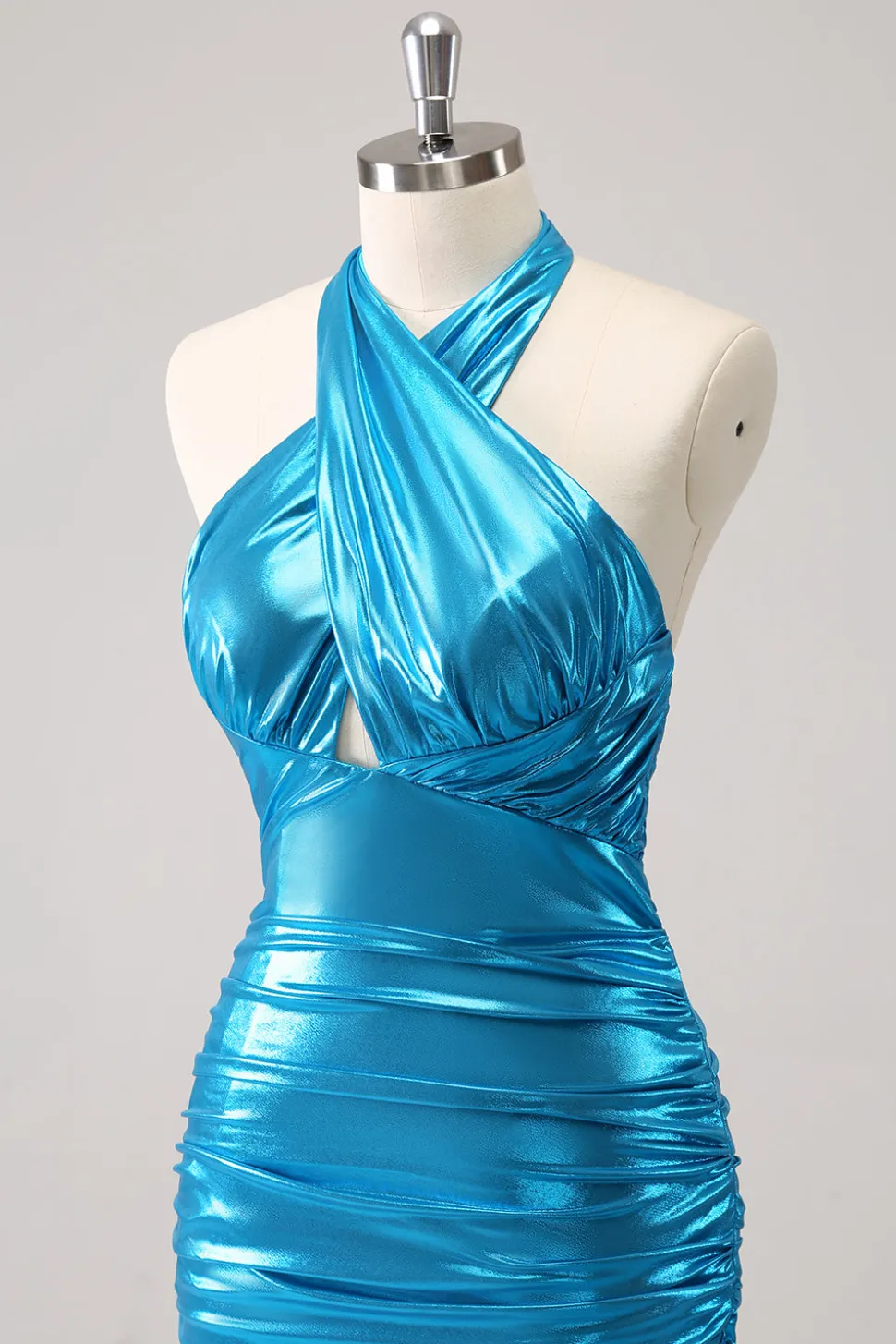 Metalizado Tight Halter Backless Satin Blue Homecoming Vestido