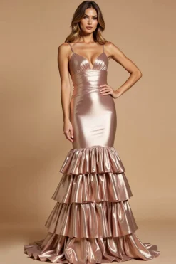 Metálico Rosa Ouro Sereia Alças Finas Longo Vestido de Baile