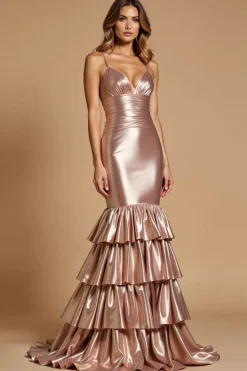 Metálico Rosa Ouro Sereia Alças Finas Longo Vestido de Baile