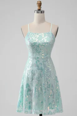 Mint A Line Sequins Vestido Curto Homecoming com Renda Traseira