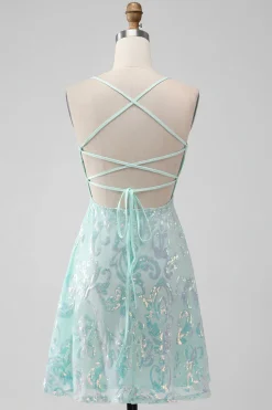 Mint A Line Sequins Vestido Curto Homecoming com Renda Traseira