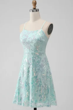 Mint A Line Sequins Vestido Curto Homecoming com Renda Traseira