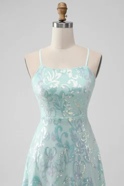 Mint A Line Sequins Vestido Curto Homecoming com Renda Traseira