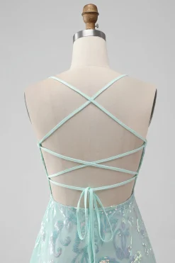 Mint A Line Sequins Vestido Curto Homecoming com Renda Traseira