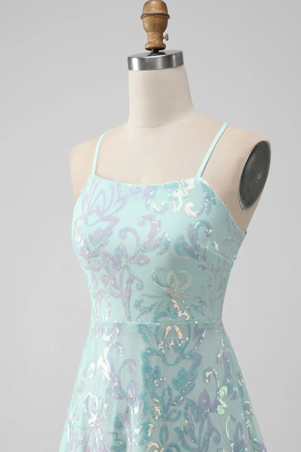 Mint A Line Sequins Vestido Curto Homecoming com Renda Traseira