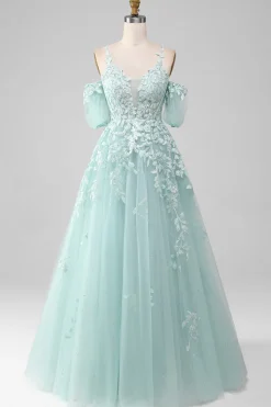 Mint Ball-Gown fora do ombro frisado vestidos de baile com apliques