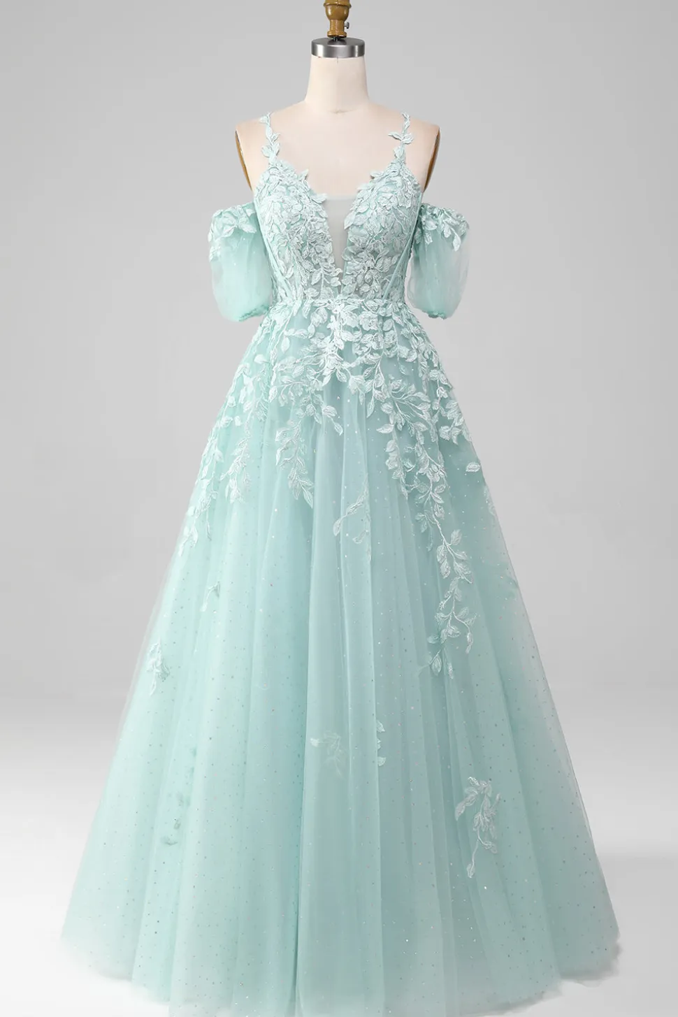 Mint Ball-Gown fora do ombro frisado vestidos de baile com apliques