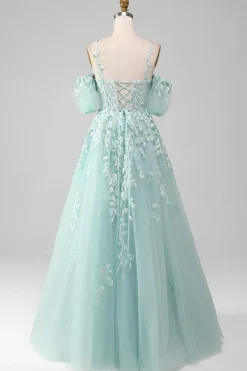 Mint Ball-Gown fora do ombro frisado vestidos de baile com apliques