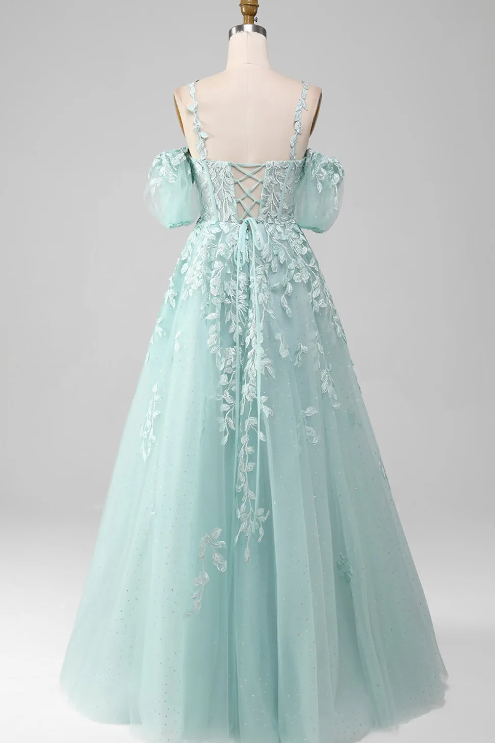 Mint Ball-Gown fora do ombro frisado vestidos de baile com apliques
