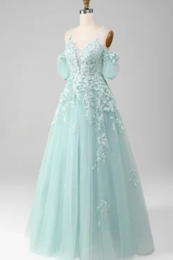 Mint Ball-Gown fora do ombro frisado vestidos de baile com apliques