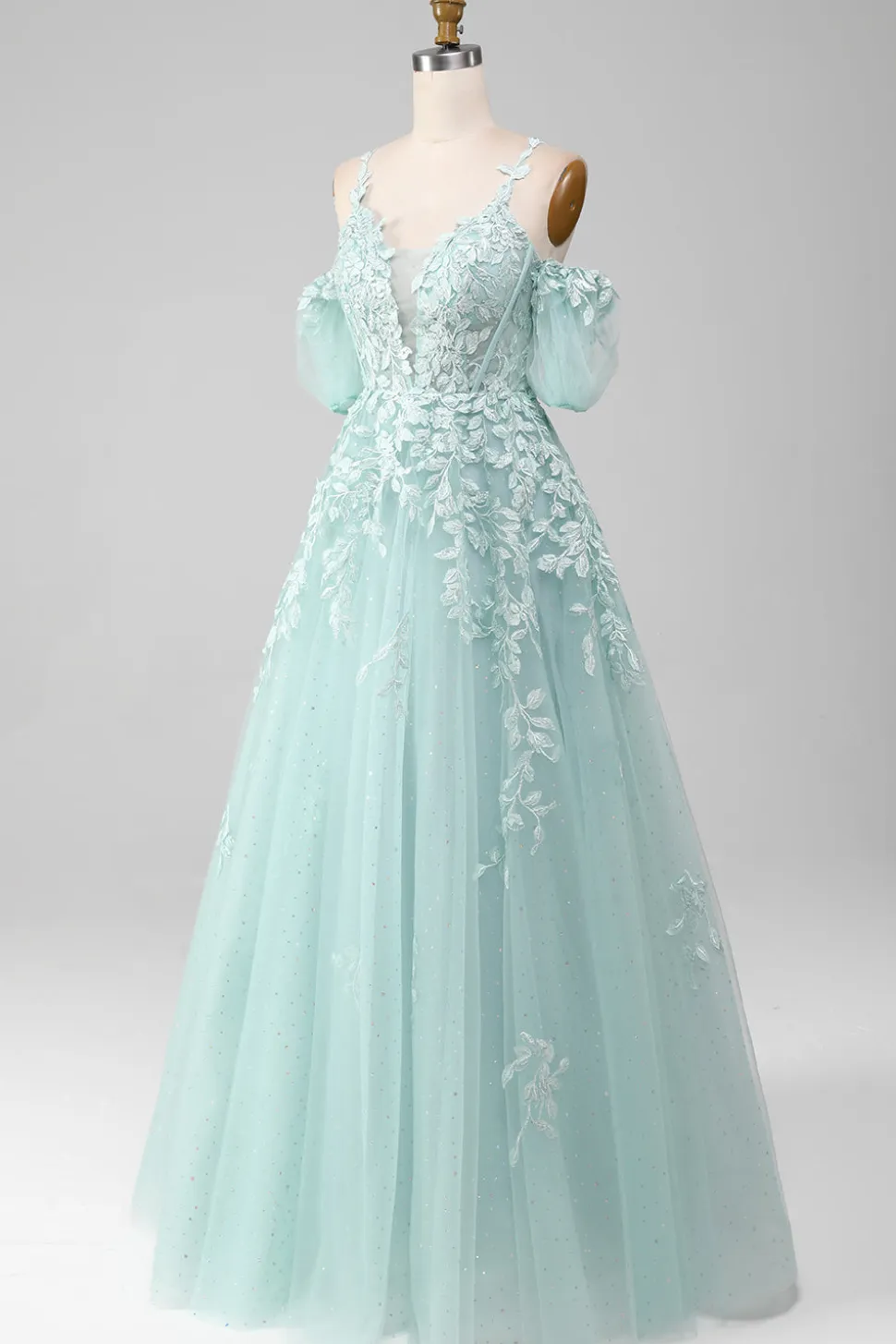 Mint Ball-Gown fora do ombro frisado vestidos de baile com apliques