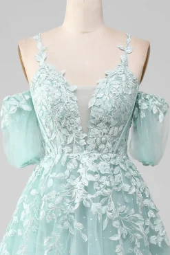 Mint Ball-Gown fora do ombro frisado vestidos de baile com apliques