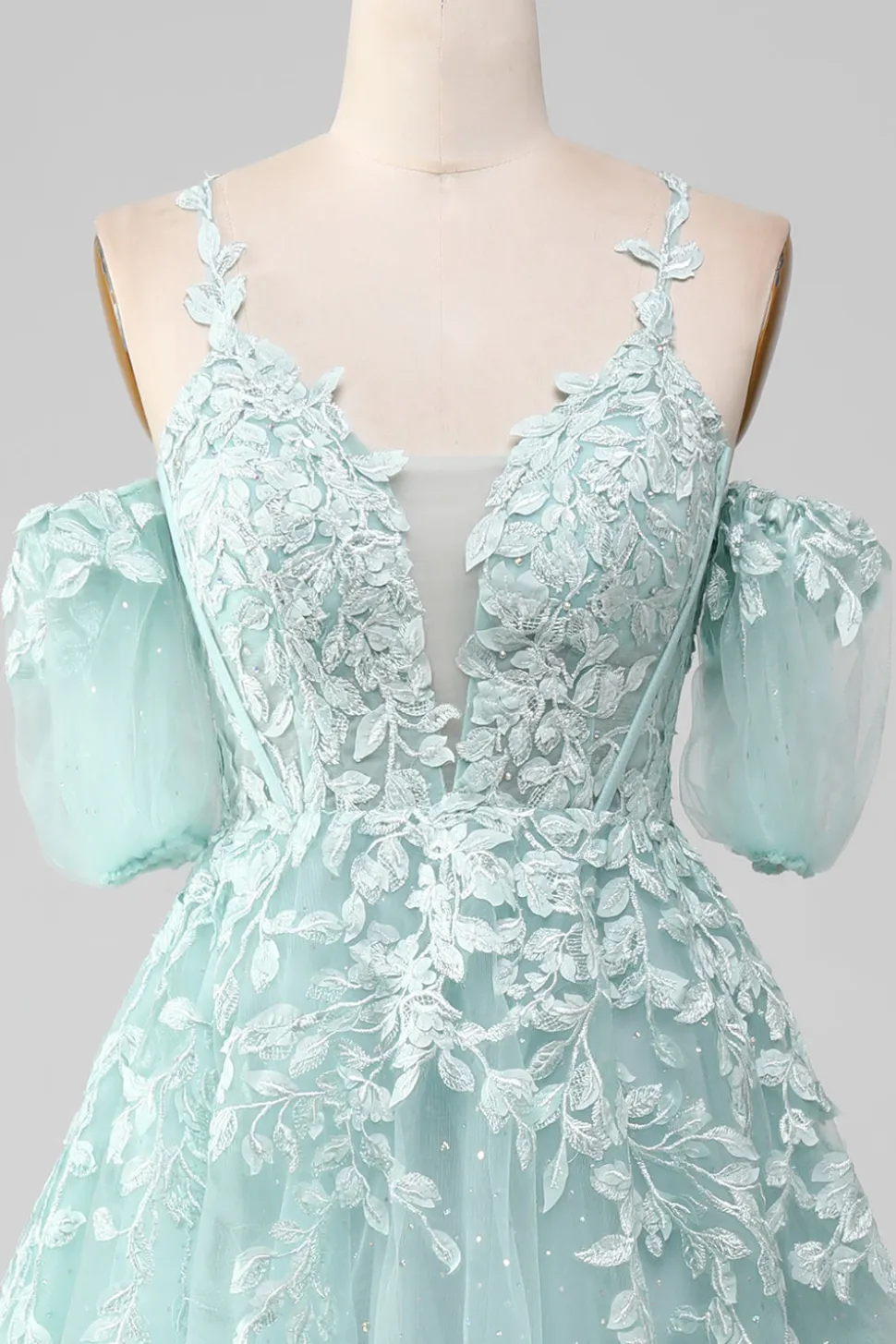 Mint Ball-Gown fora do ombro frisado vestidos de baile com apliques