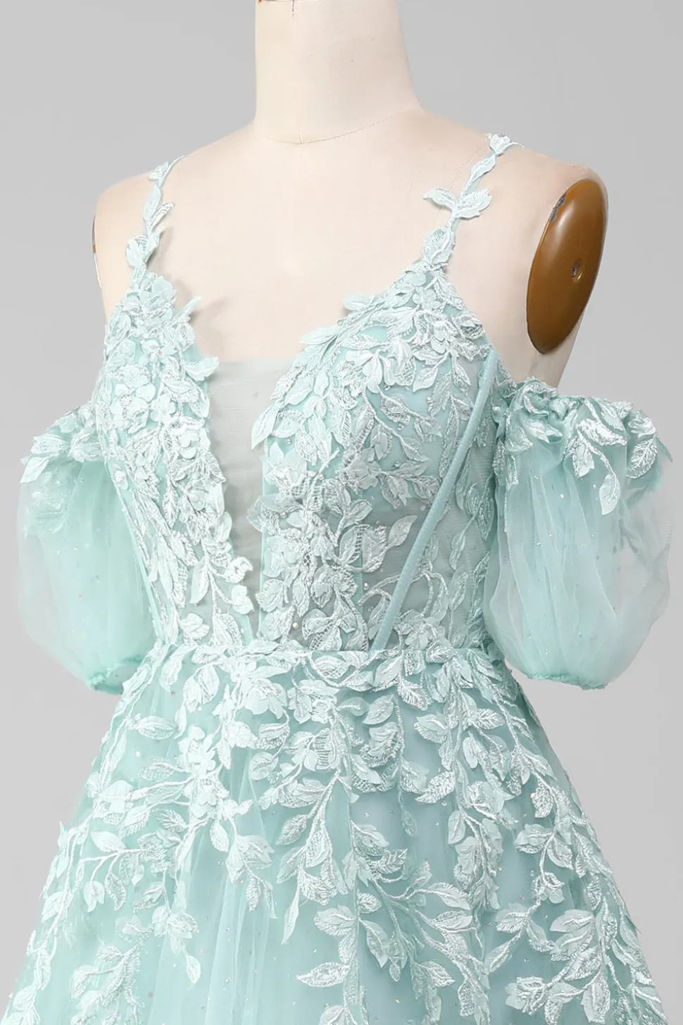 Mint Ball-Gown fora do ombro frisado vestidos de baile com apliques
