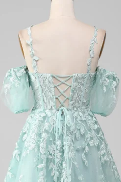 Mint Ball-Gown fora do ombro frisado vestidos de baile com apliques