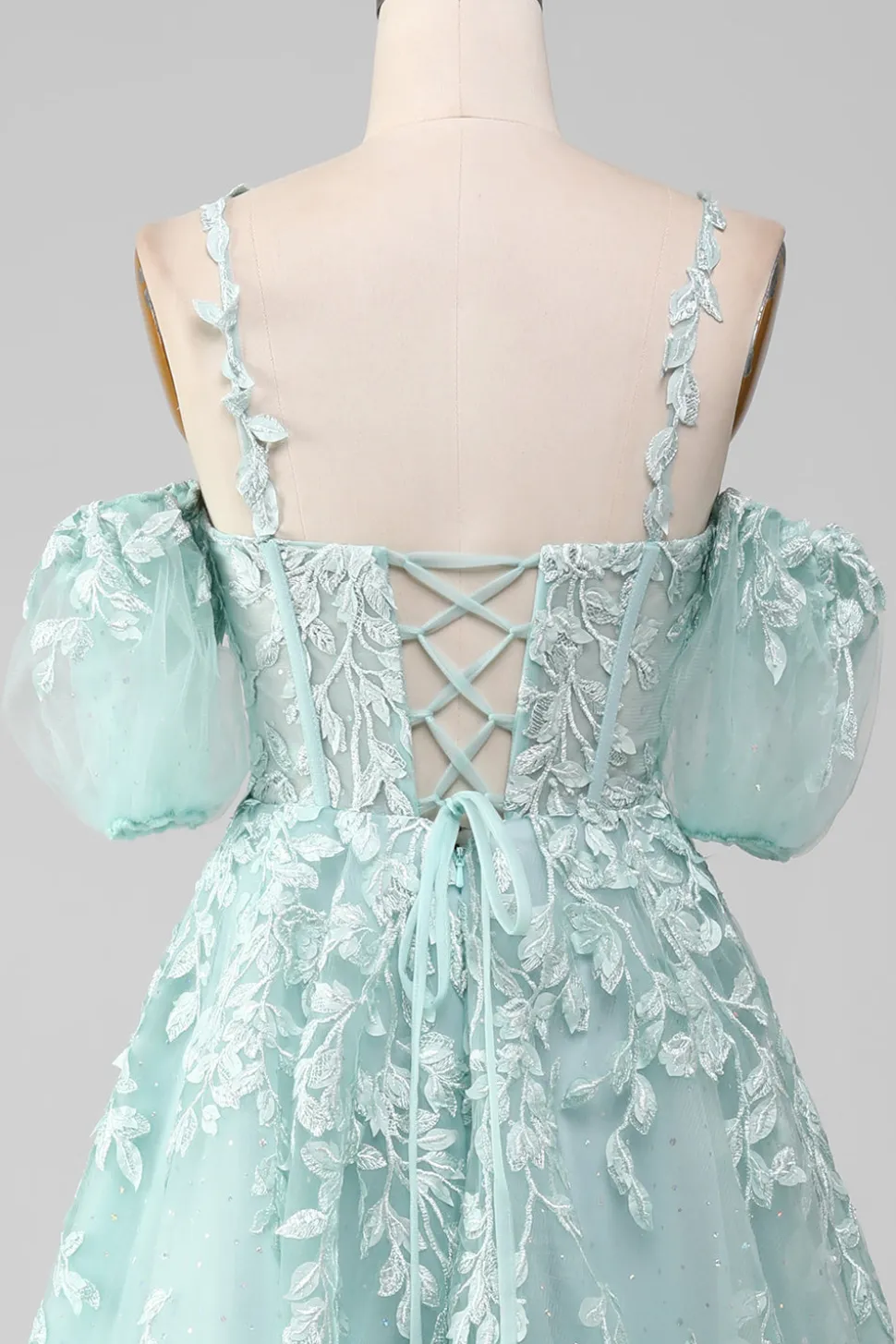 Mint Ball-Gown fora do ombro frisado vestidos de baile com apliques