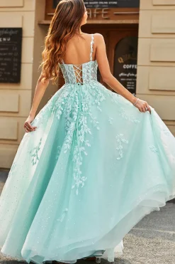 Mint Ball-Gown mangas destacáveis frisados vestidos de baile com apliques