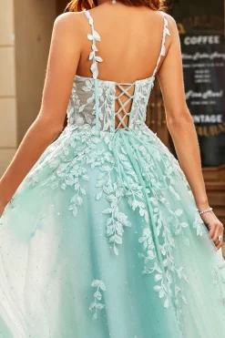 Mint Ball-Gown mangas destacáveis frisados vestidos de baile com apliques