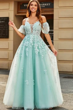 Mint Ball-Gown mangas destacáveis frisados vestidos de baile com apliques