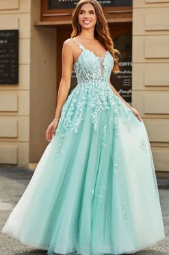 Mint Ball-Gown mangas destacáveis frisados vestidos de baile com apliques