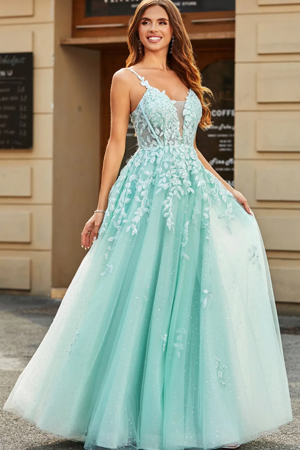 Mint Ball-Gown mangas destacáveis frisados vestidos de baile com apliques