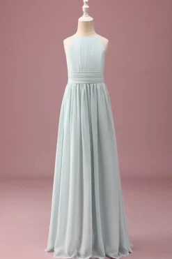 Mint Halter A-Line plissado longo vestido de dama de honra júnior