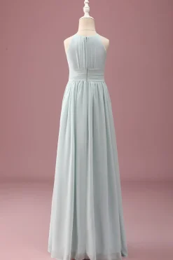 Mint Halter A-Line plissado longo vestido de dama de honra júnior