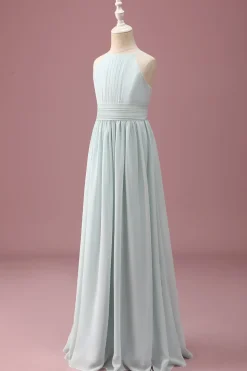 Mint Halter A-Line plissado longo vestido de dama de honra júnior