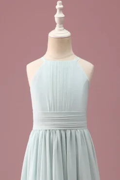 Mint Halter A-Line plissado longo vestido de dama de honra júnior