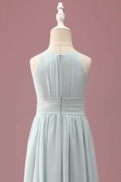 Mint Halter A-Line plissado longo vestido de dama de honra júnior