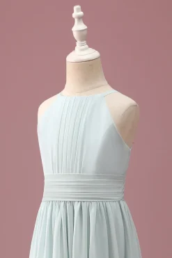 Mint Halter A-Line plissado longo vestido de dama de honra júnior