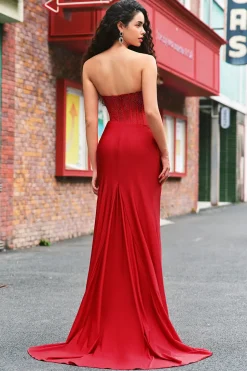 Miseia sem alças Corset Long Red Prom Dress com fenda