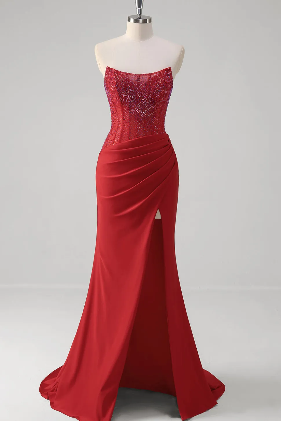 Miseia sem alças Corset Long Red Prom Dress com fenda