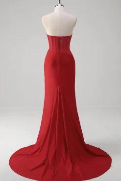 Miseia sem alças Corset Long Red Prom Dress com fenda