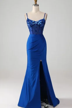 Missanga Royal Blue Corset Prom Dress com Fenda
