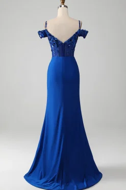 Missanga Royal Blue Corset Prom Dress com Fenda