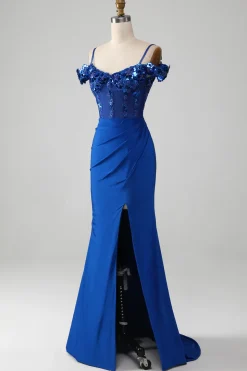Missanga Royal Blue Corset Prom Dress com Fenda