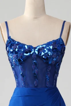 Missanga Royal Blue Corset Prom Dress com Fenda