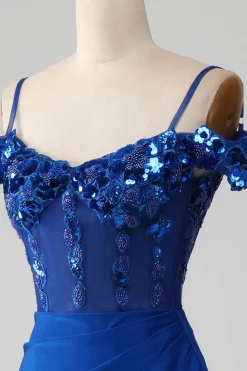 Missanga Royal Blue Corset Prom Dress com Fenda