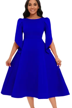 Moda Elegante Royal Blue A Line Solid Swing Dress com meias mangas