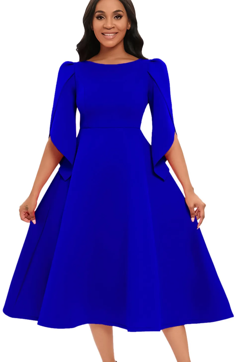 Moda Elegante Royal Blue A Line Solid Swing Dress com meias mangas