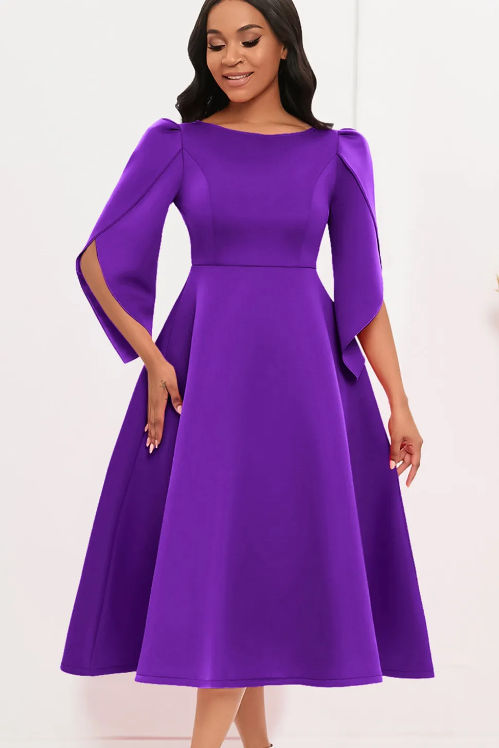Moda Elegante Royal Blue A Line Solid Swing Dress com meias mangas