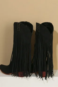 Moda Preto Cor Sólida Suede Tassel Dedo Pontiagudo Botas de Salto Alto